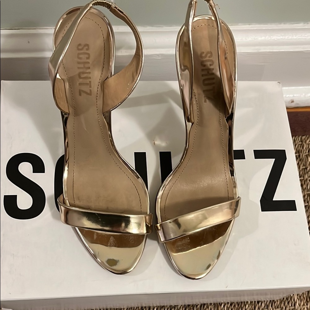 SCHUTZ Gold Heels with Thin Straps